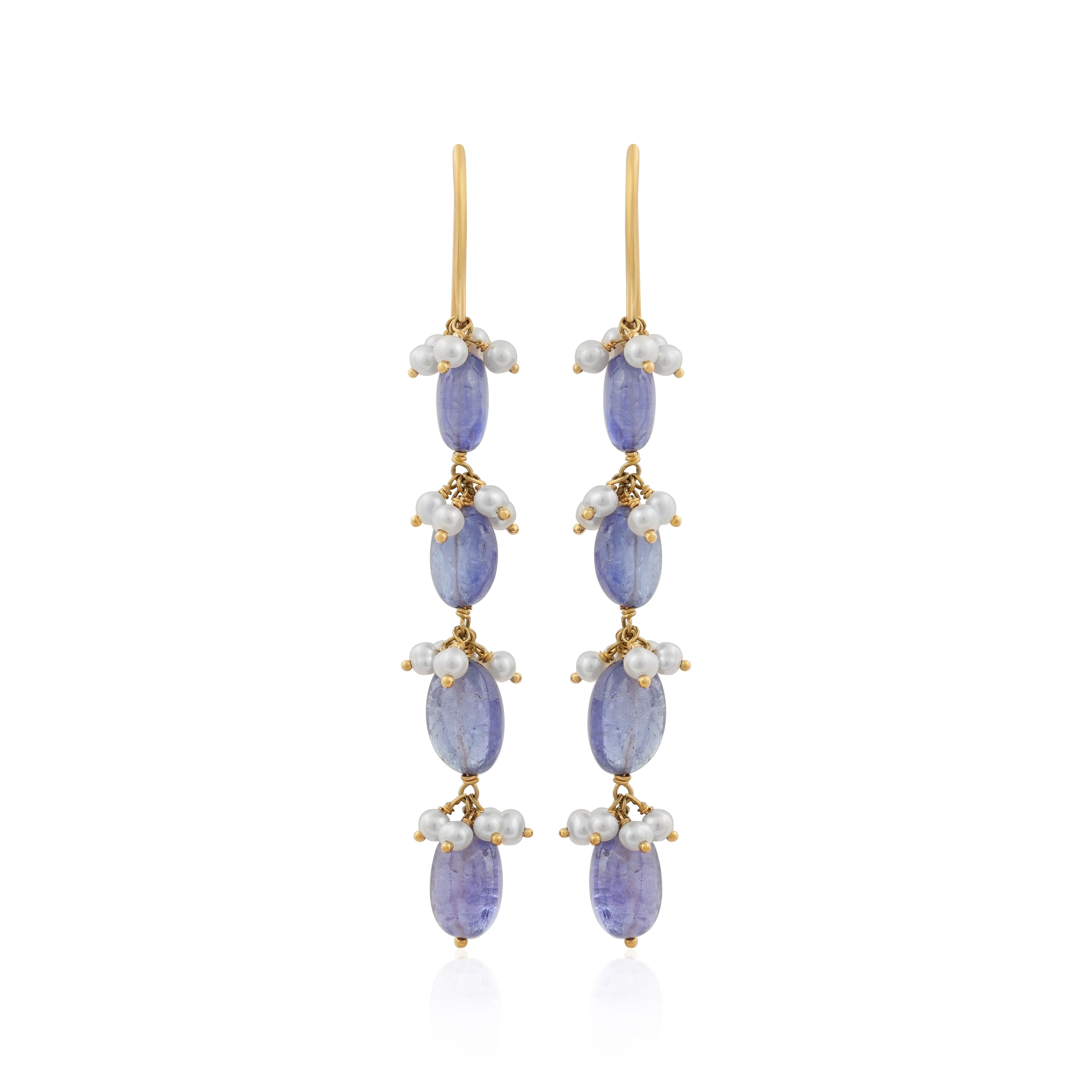 Elysia – Gold Long Drop Earrings with Blue Tanzanite Pearls