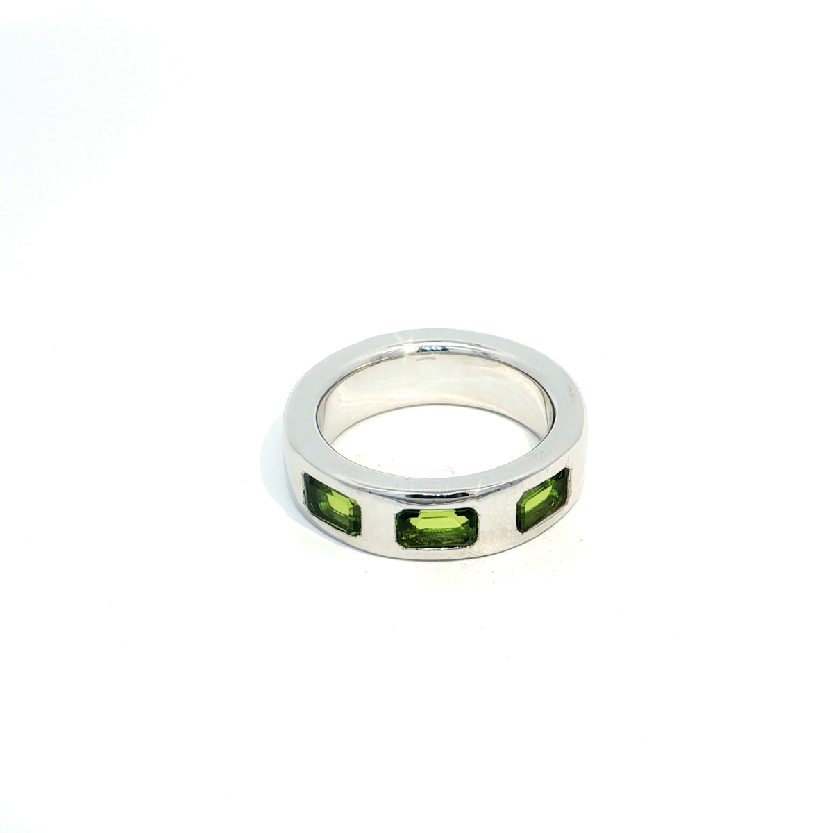 Silver Band Ring with Emerald-Cut Peridots