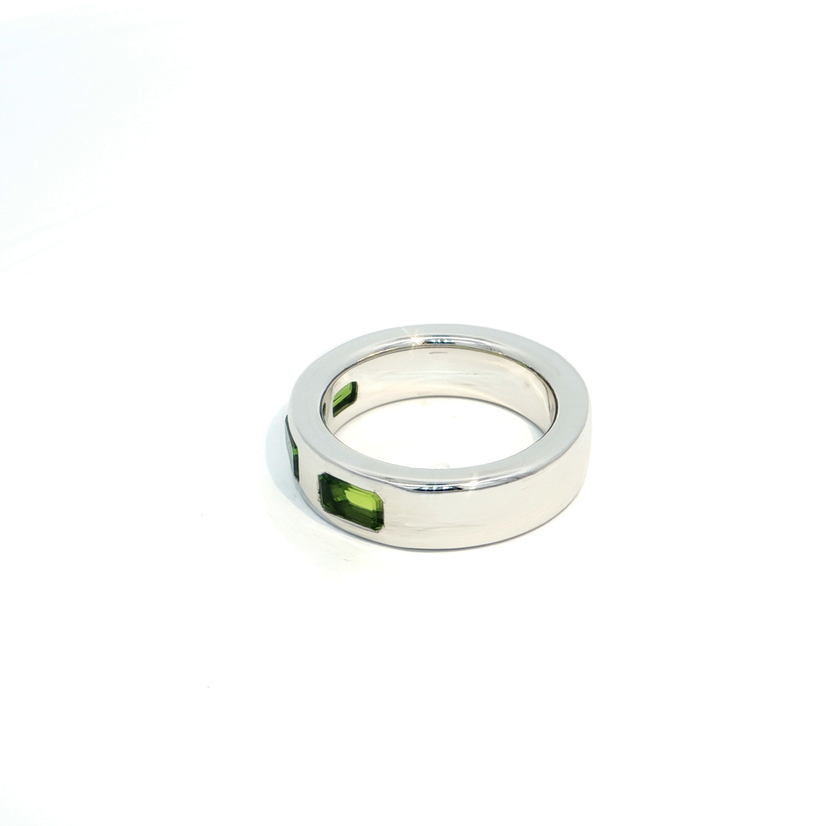 Silver Band Ring with Emerald-Cut Peridots