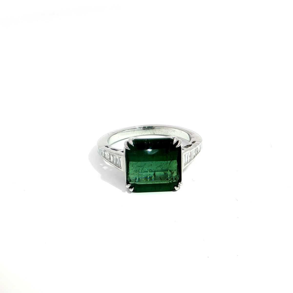 Silver Cocktail Ring with Octagon Green Tourmaline & Diamonds