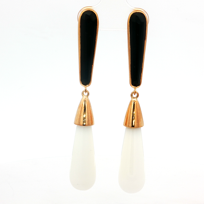 Sterling Silver Dangle Earrings with Black Onyx & White Agate Gemstones