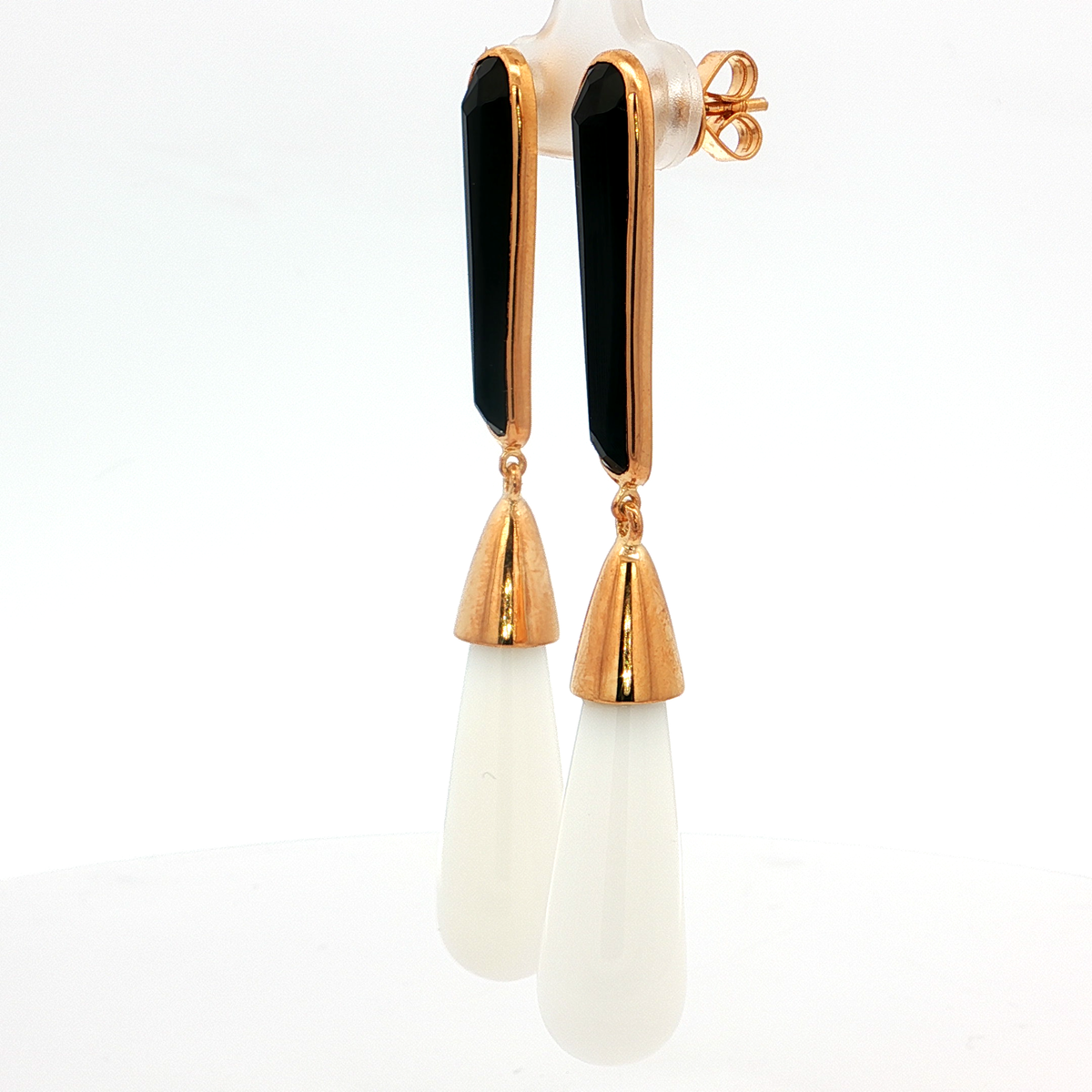 Sterling Silver Dangle Earrings with Black Onyx & White Agate Gemstones