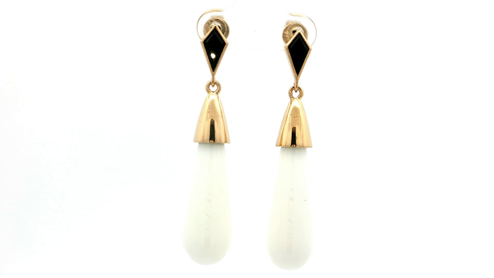 Silver Dangle Earrings with Black Onyx & White Agate Gemstones