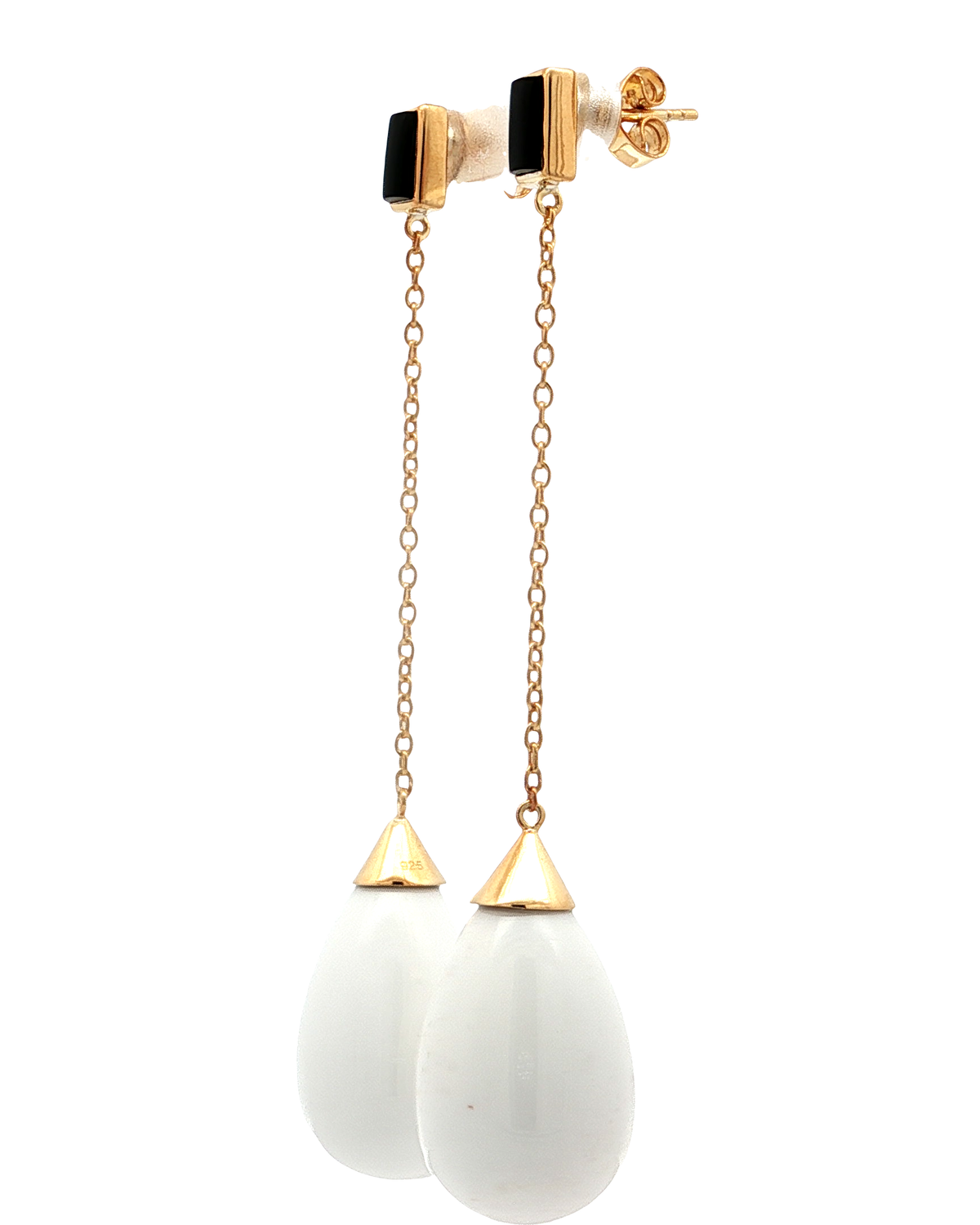 Sterling Silver Dangle Earrings with Black Onyx & White Agate Gemstones