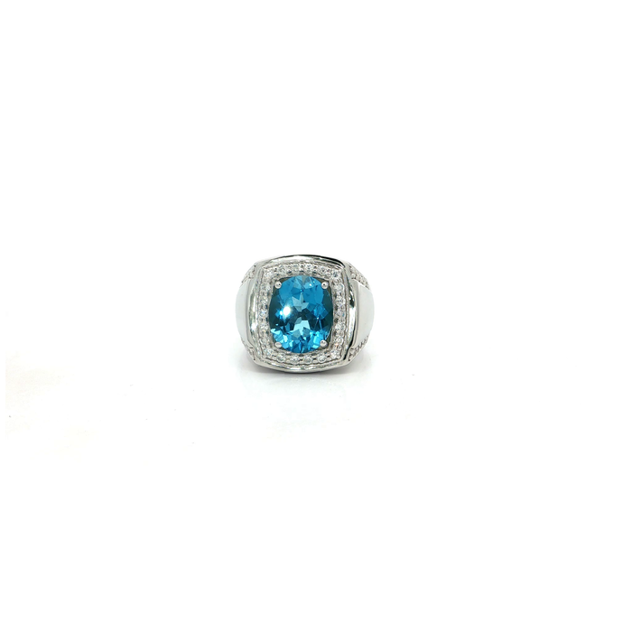 White Gold Over Silver Signet Ring with Blue Topaz