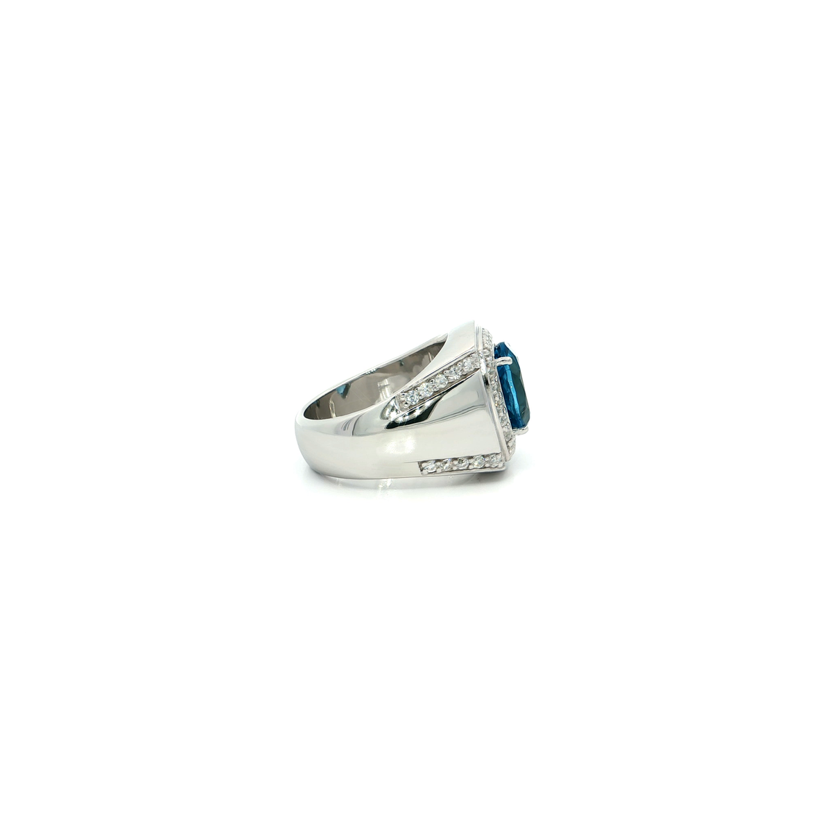 White Gold Over Silver Signet Ring with Blue Topaz