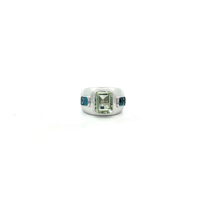 Modern White Gold-tone Silver Ring with Emerald-Cut Green Amethyst