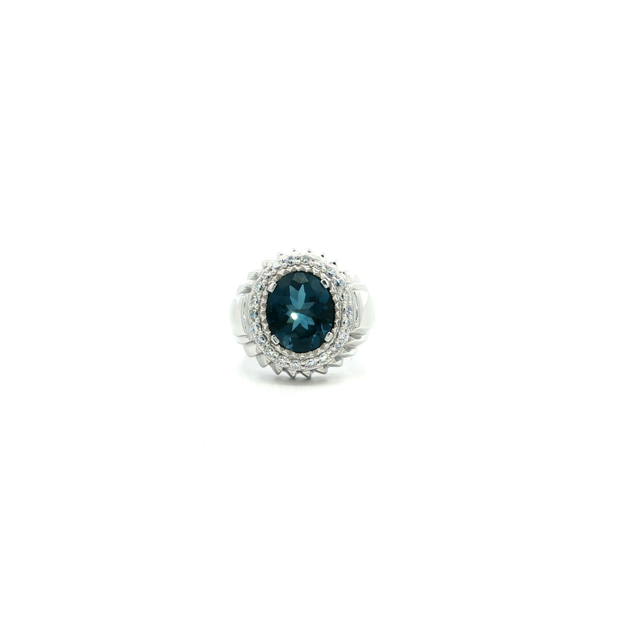 Silver Multistone Ring with Oval Cabochon London Blue Topaz