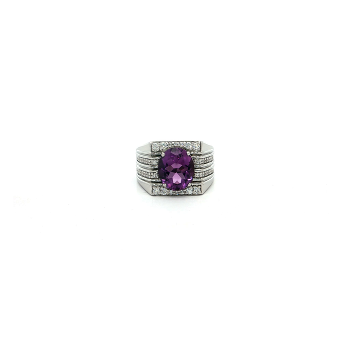 White Gold Plated Silver Signet Ring with Oval Amethyst