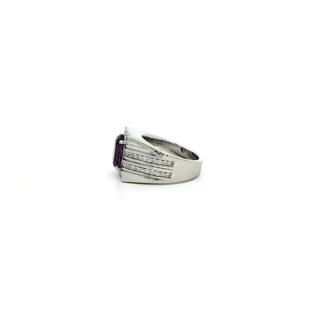 White Gold Plated Silver Signet Ring with Oval Amethyst