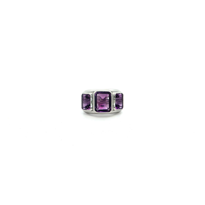 White Gold Plated Silver Multistone Ring with Emerald Cut Amethyst