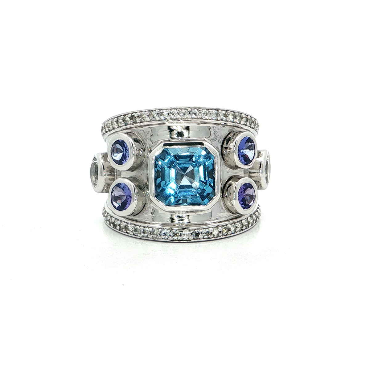 White Gold Plated Silver Multistone Ring with Tanzanite