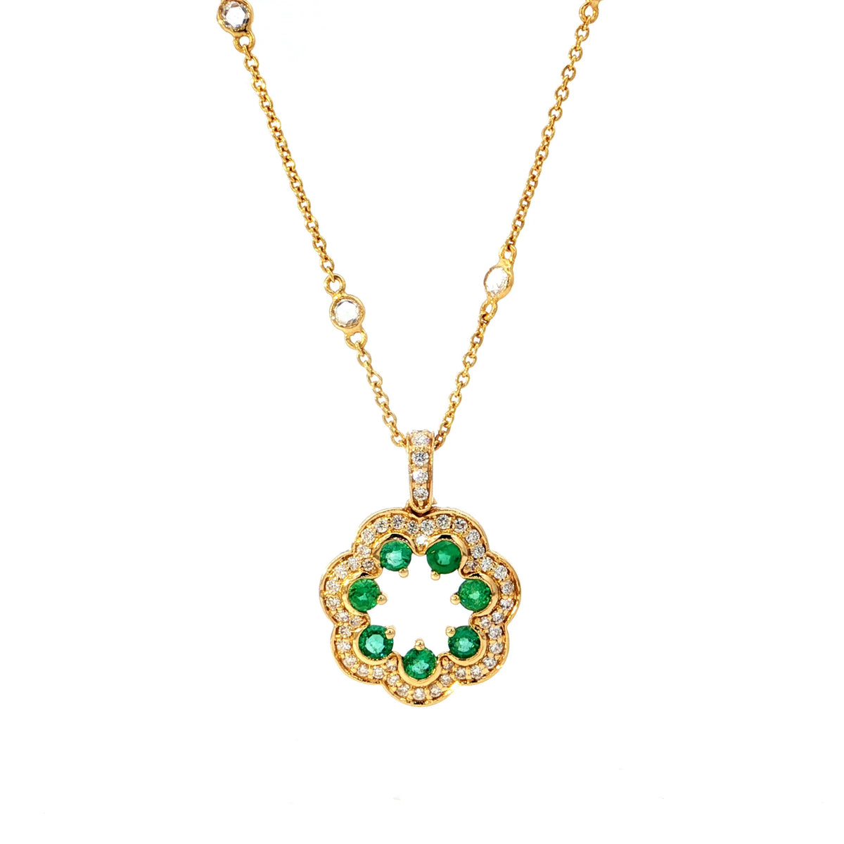 Florentina – Gold Emerald & Diamond Floral Pendant With Chain