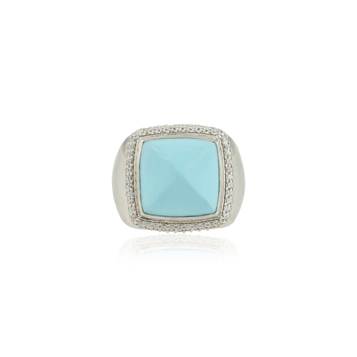 Pyramid Shaped Synthetic Turquoise Ring with CZ Accents in Sterling Silver