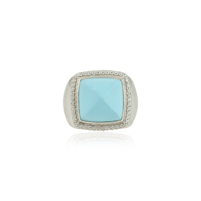 Pyramid Shaped Synthetic Turquoise Ring with CZ Accents in Sterling Silver
