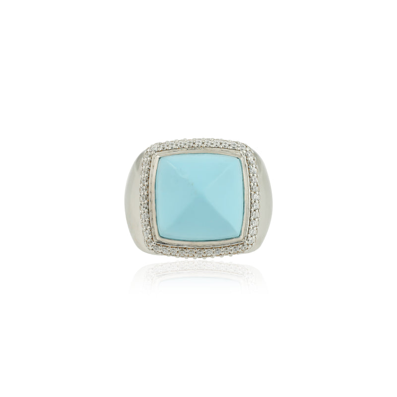 Pyramid Shaped Synthetic Turquoise Ring with CZ Accents in Sterling Silver