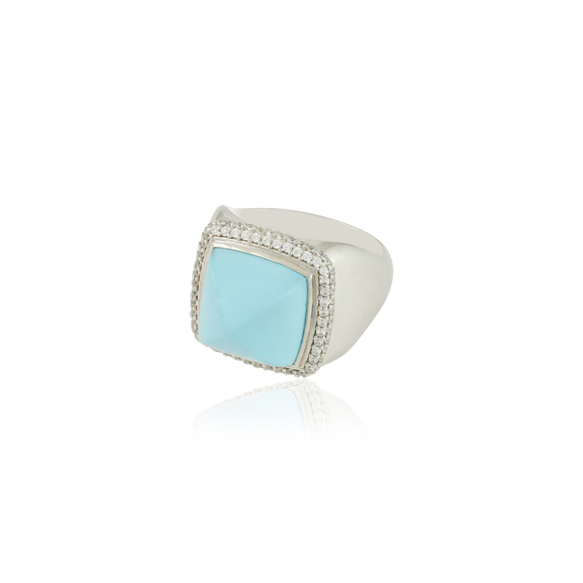 Pyramid Shaped Synthetic Turquoise Ring with CZ Accents in Sterling Silver