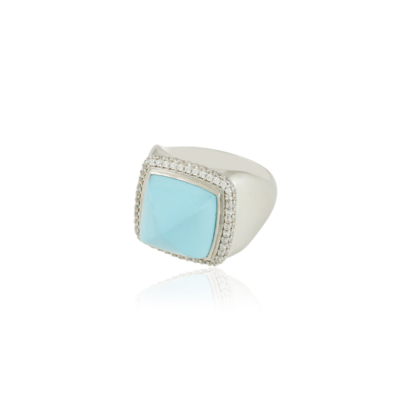 Pyramid Shaped Synthetic Turquoise Ring with CZ Accents in Sterling Silver
