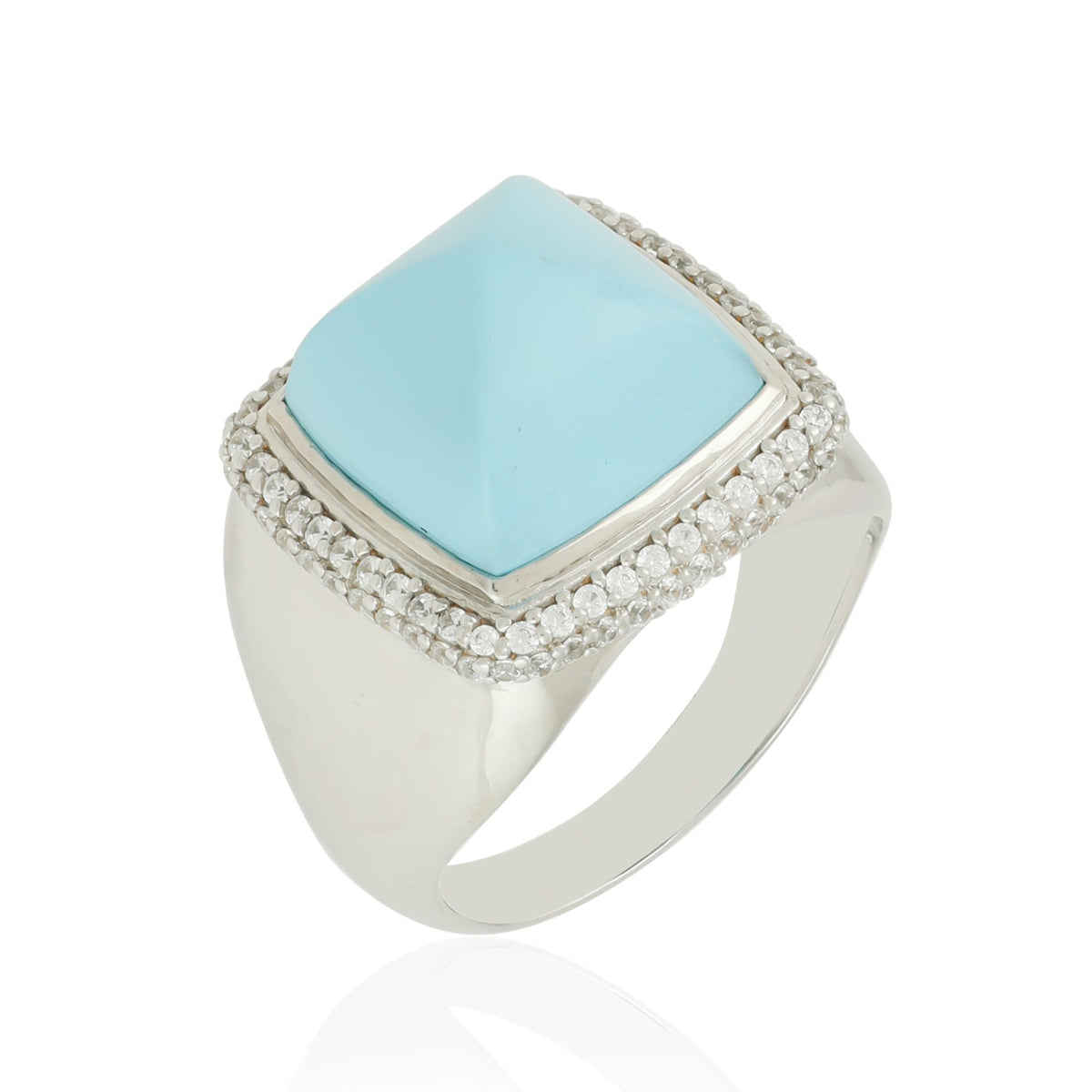 Pyramid Shaped Synthetic Turquoise Ring with CZ Accents in Sterling Silver