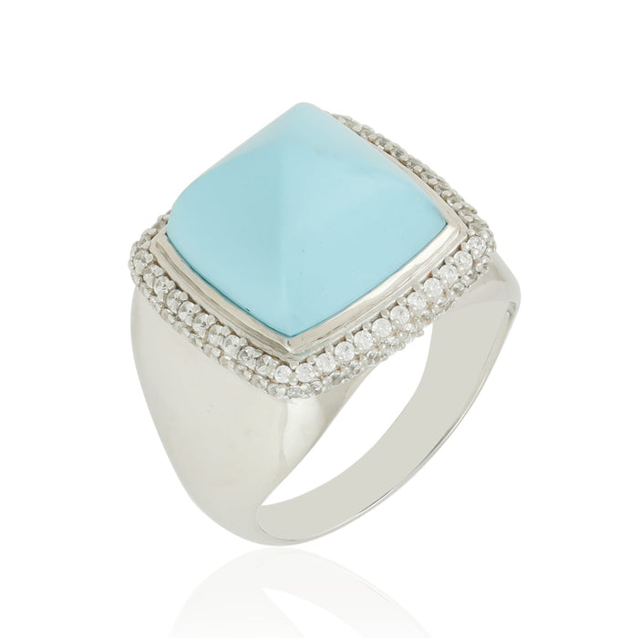 Pyramid Shaped Synthetic Turquoise Ring with CZ Accents in Sterling Silver