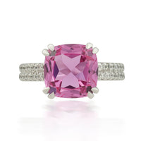 Cushion-Cut Synthetic Pink Topaz Ring with CZ Accents in Silver