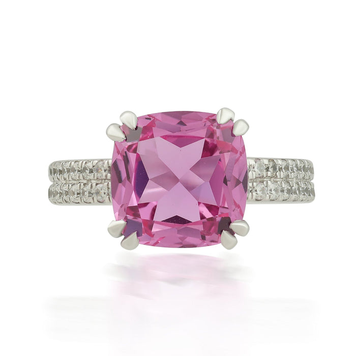 Cushion-Cut Synthetic Pink Topaz Ring with CZ Accents in Silver