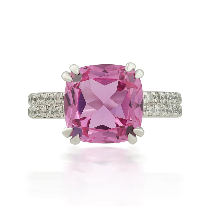 Cushion-Cut Synthetic Pink Topaz Ring with CZ Accents in Silver