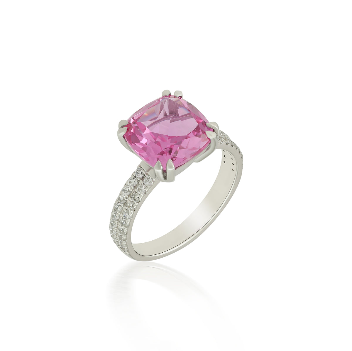 Cushion-Cut Synthetic Pink Topaz Ring with CZ Accents in Silver