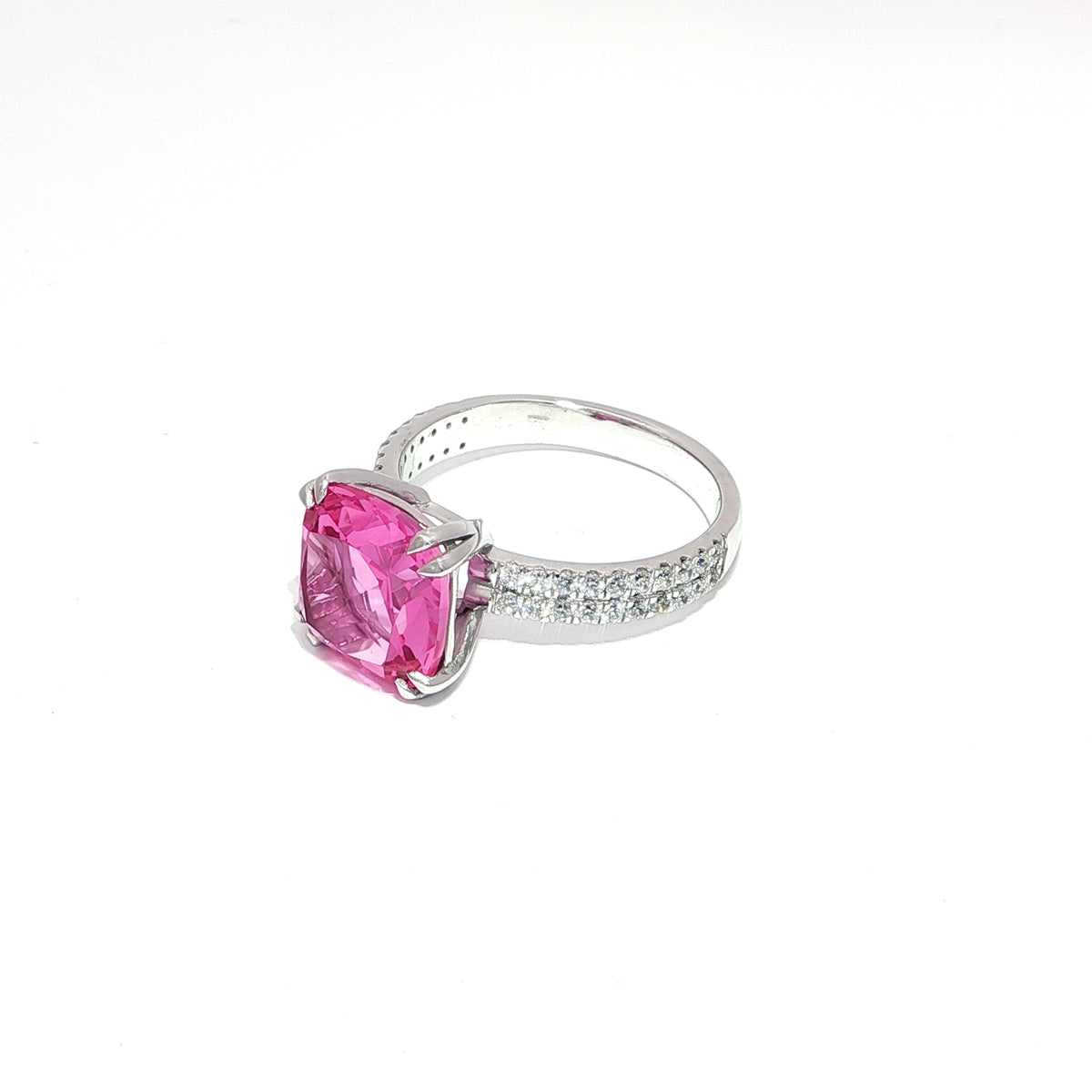 Cushion-Cut Synthetic Pink Topaz Ring with CZ Accents in Silver