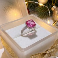 Cushion-Cut Synthetic Pink Topaz Ring with CZ Accents in Silver