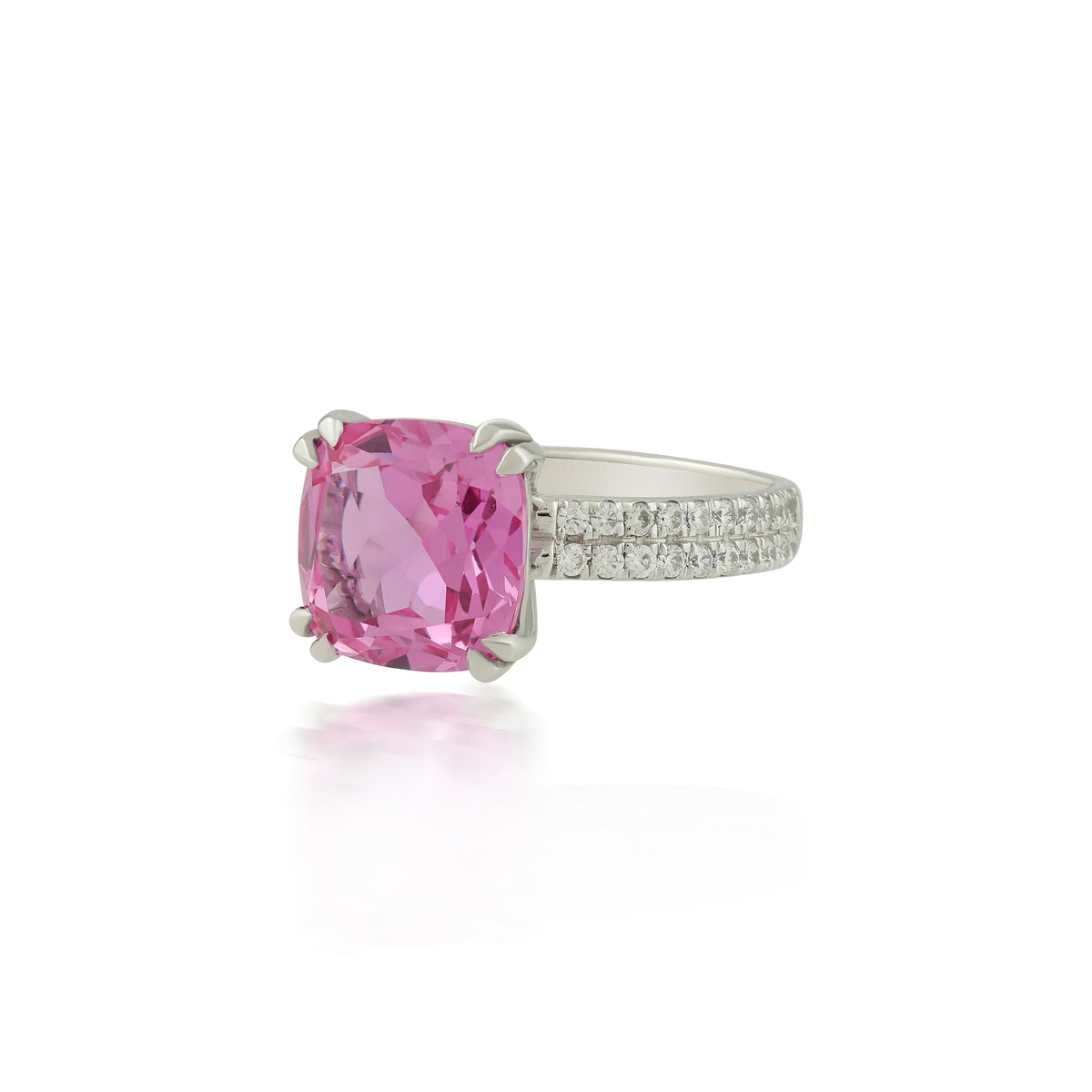 Cushion-Cut Synthetic Pink Topaz Ring with CZ Accents in Silver