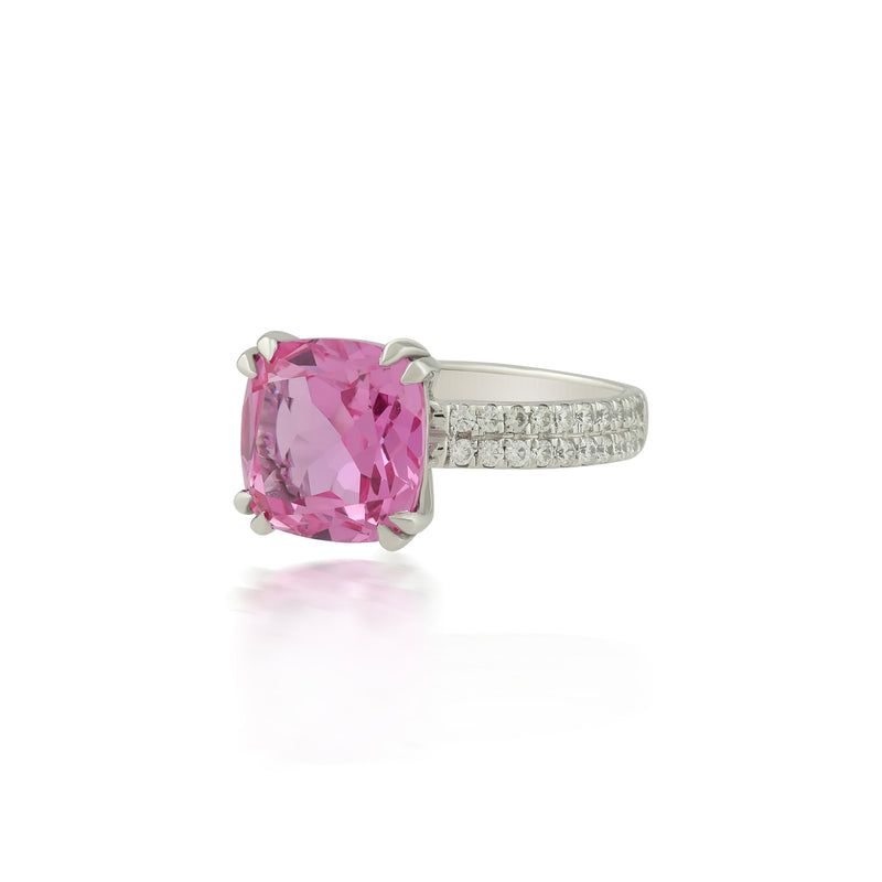 Cushion-Cut Synthetic Pink Topaz Ring with CZ Accents in Silver