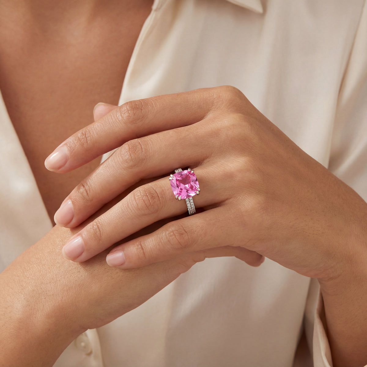 Cushion-Cut Synthetic Pink Topaz Ring with CZ Accents in Silver