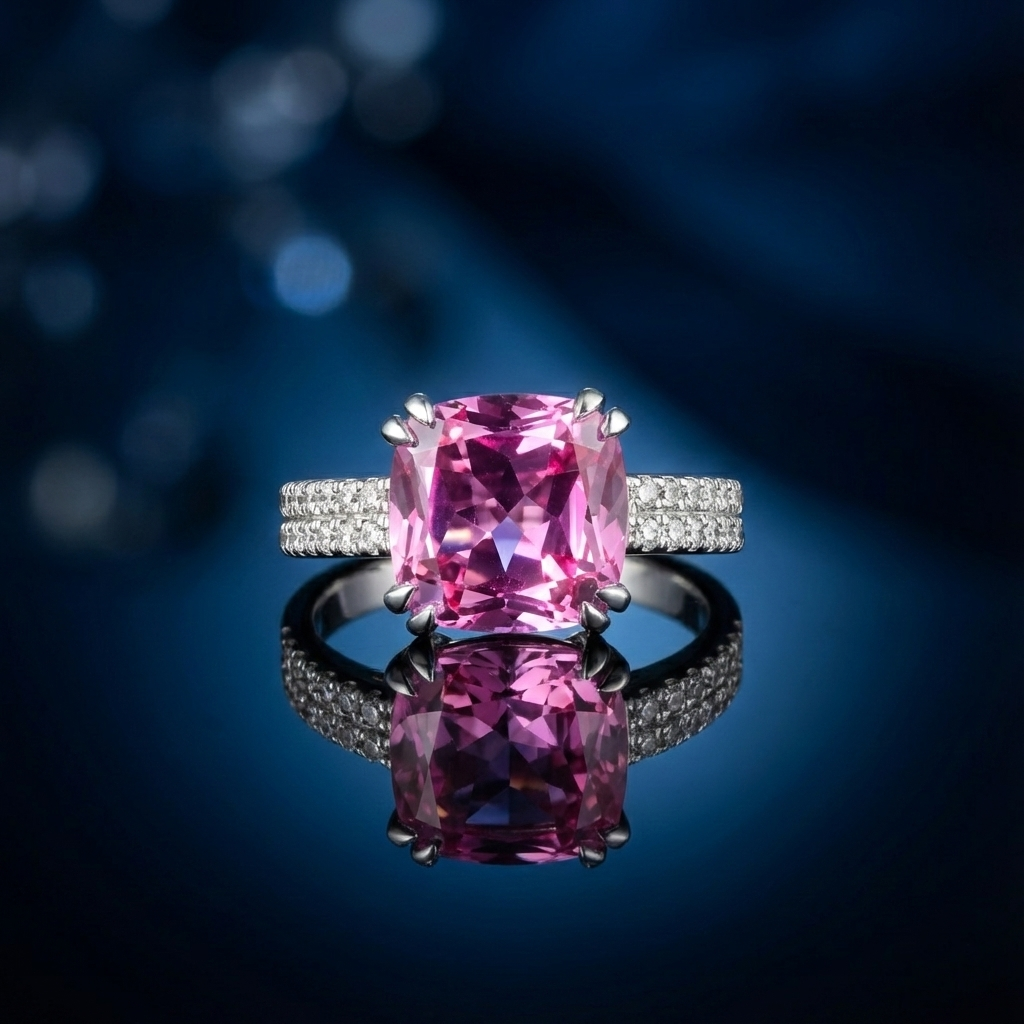 Cushion-Cut Synthetic Pink Topaz Ring with CZ Accents in Silver