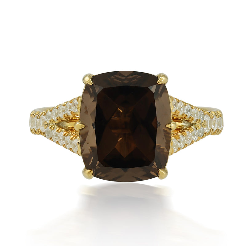 Cushion-Cut Smoky Quartz Ring with CZ Accents in Silver