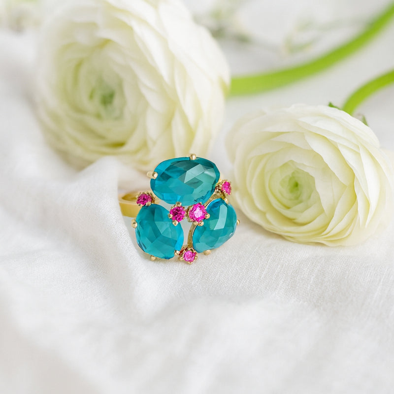 925 Sterling Silver Cocktail Ring with Rose Cut Synthetic Blue & Pink Topaz