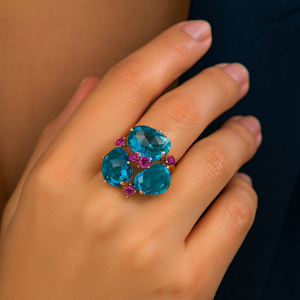 925 Sterling Silver Cocktail Ring with Rose Cut Synthetic Blue & Pink Topaz