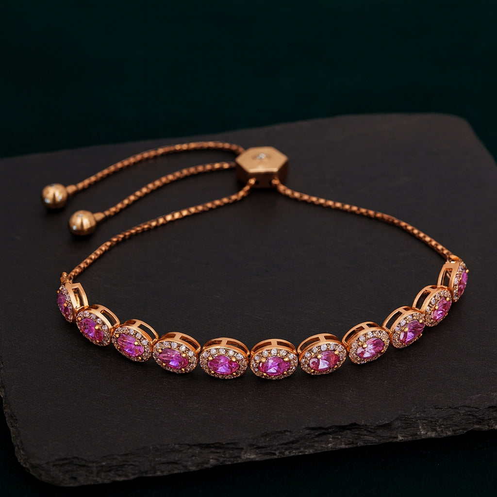 Rose Gold 925 Sterling Silver Tennis Bracelet with Vivid Pink Oval Cubic Zirconia