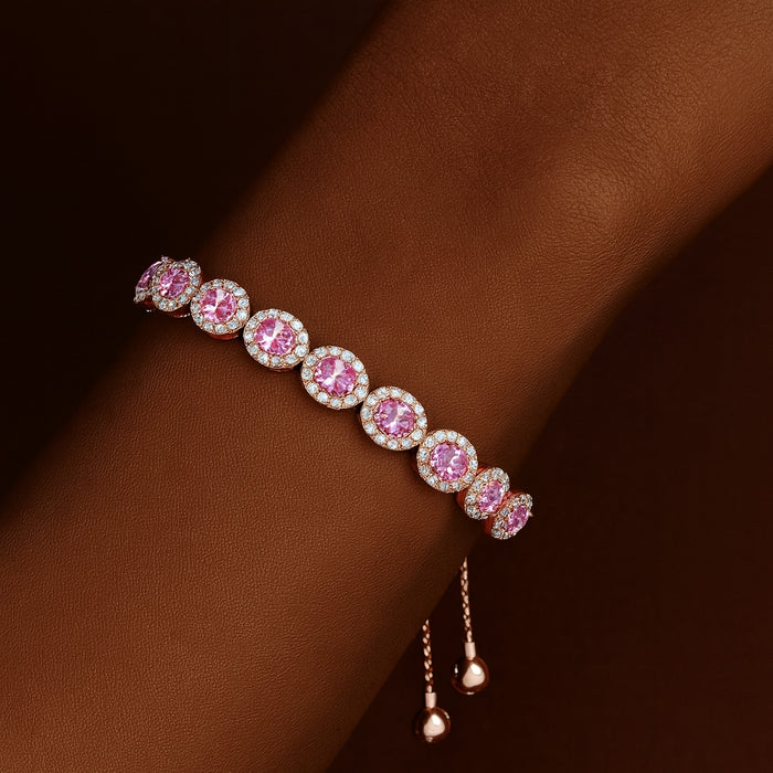 Rose Gold 925 Sterling Silver Tennis Bracelet with Vivid Pink Oval Cubic Zirconia