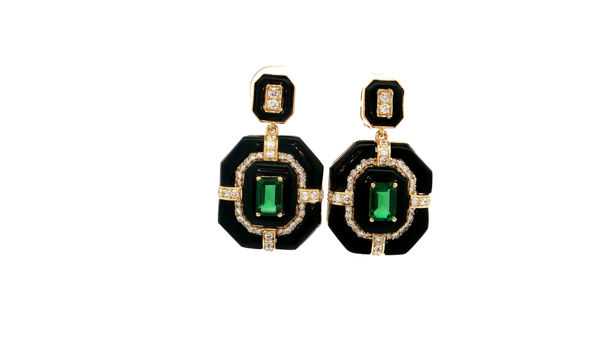 925 Sterling Silver Earrings with Hydro-Emeralds & Onyx