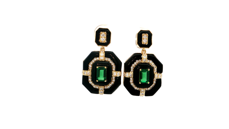 925 Sterling Silver Earrings with Hydro-Emeralds & Onyx