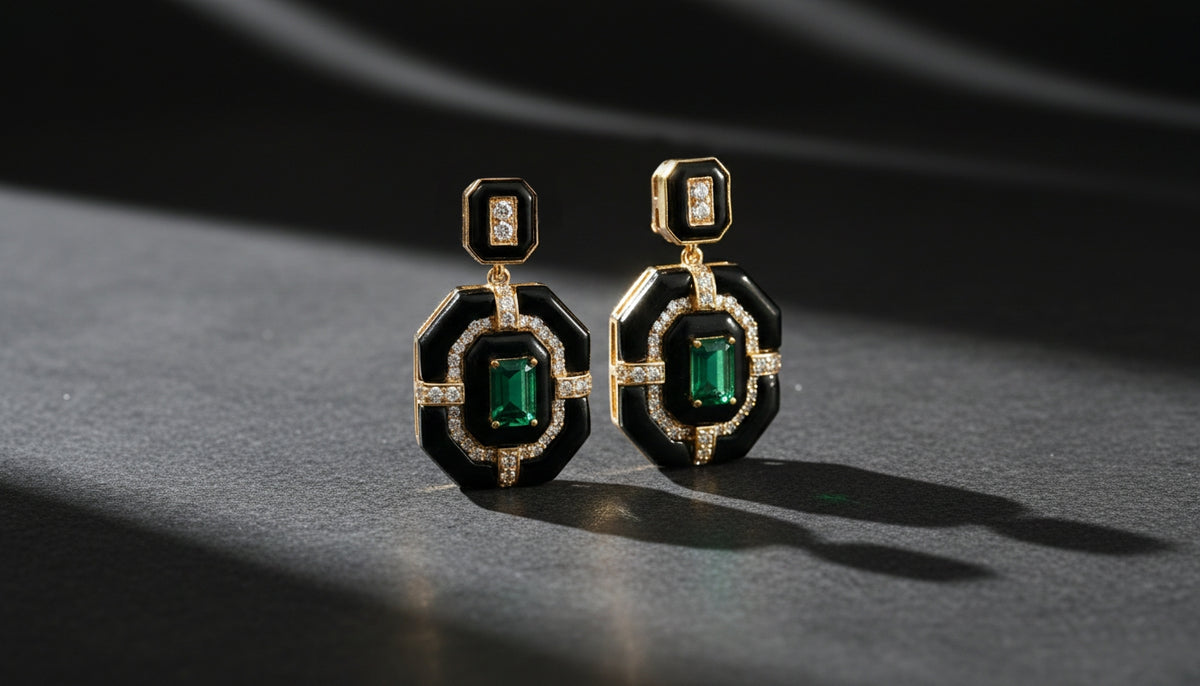 925 Sterling Silver Earrings with Hydro-Emeralds & Onyx