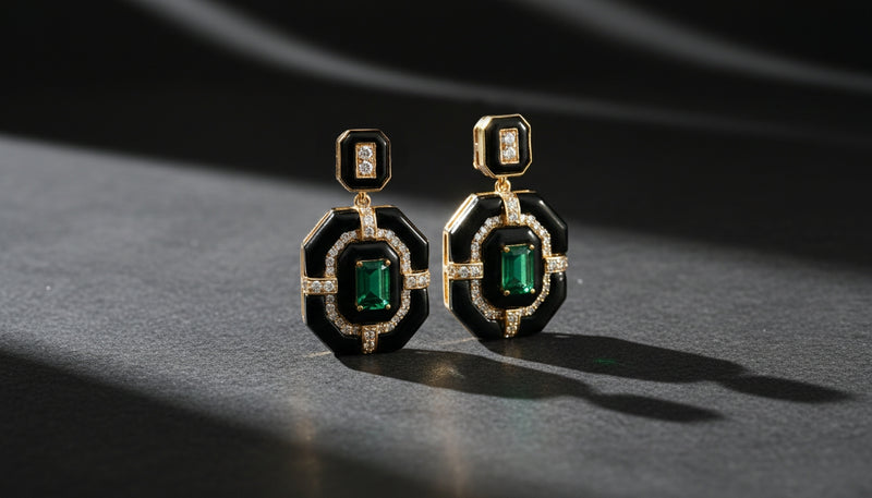 925 Sterling Silver Earrings with Hydro-Emeralds & Onyx