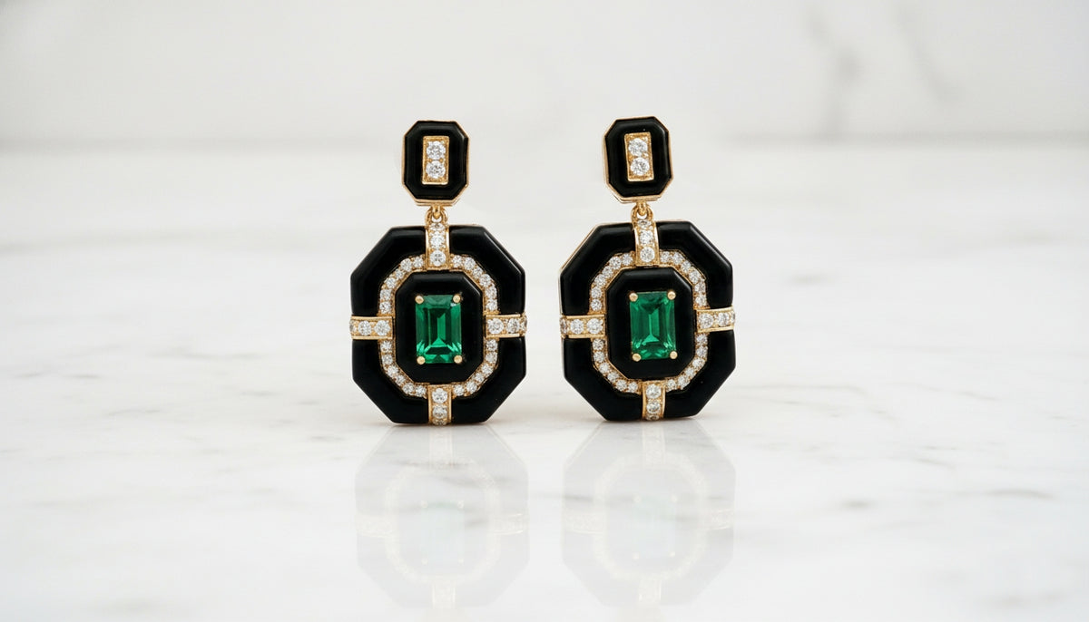 925 Sterling Silver Earrings with Hydro-Emeralds & Onyx