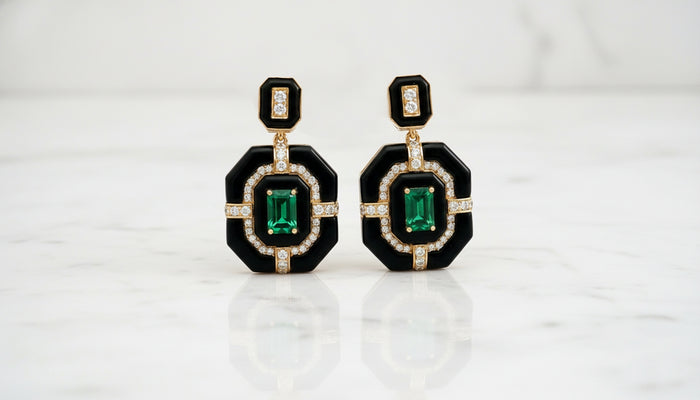 925 Sterling Silver Earrings with Hydro-Emeralds & Onyx