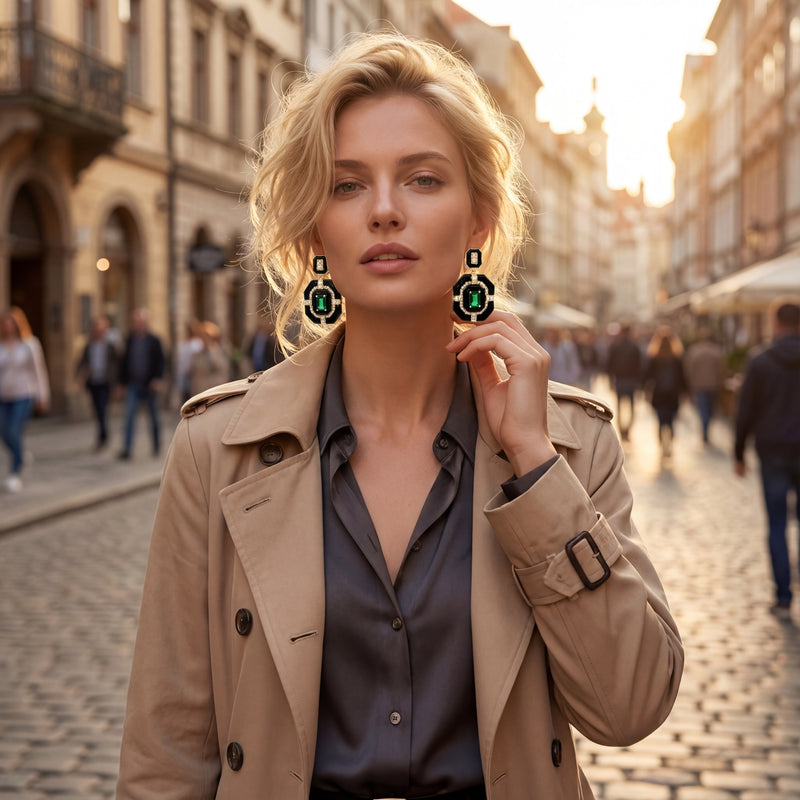 925 Sterling Silver Earrings with Hydro-Emeralds & Onyx