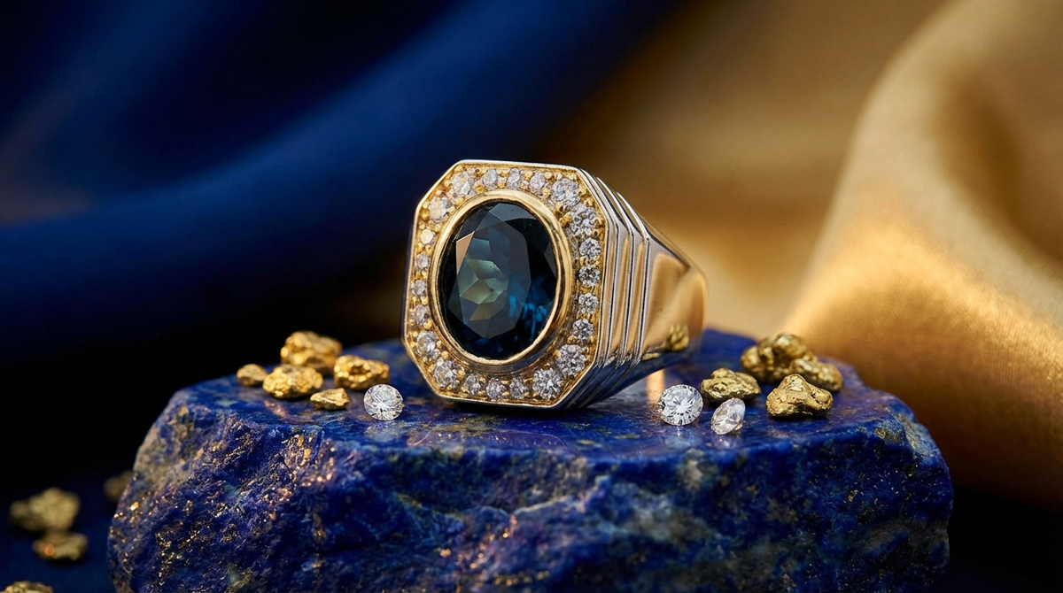 Sterling Signet Ring with Deep Blue Oval London Blue Topaz Cabochon