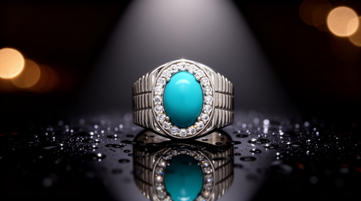 White Gold Plated Silver Signet Ring with Cabochon Turquoise