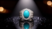 White Gold Plated Silver Signet Ring with Cabochon Turquoise