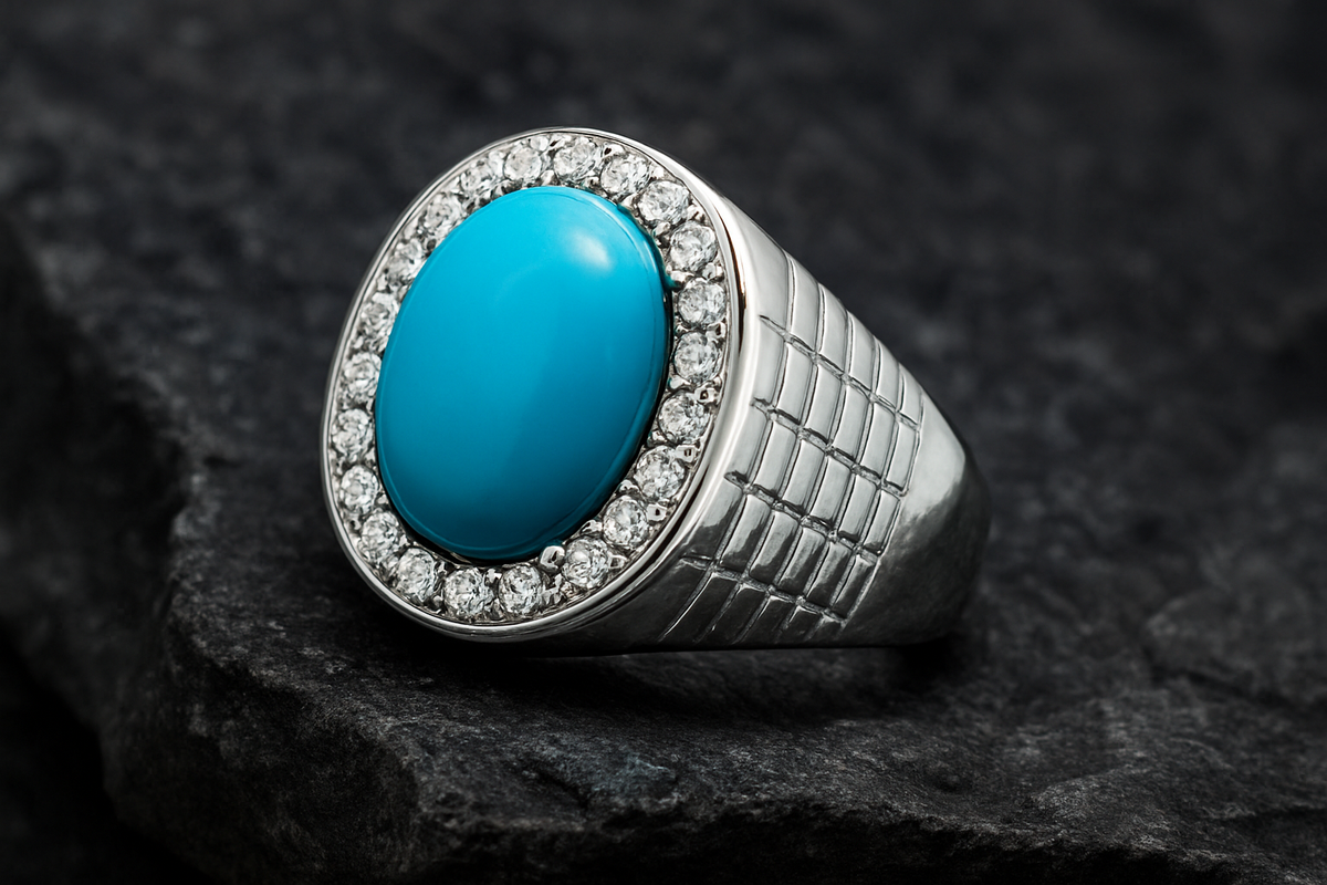White Gold Plated Silver Signet Ring with Cabochon Turquoise